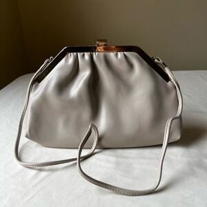 Vintage Taupe Leather Frame Clutch Shoulder Bag Gold Hardware 70s Evening Purse